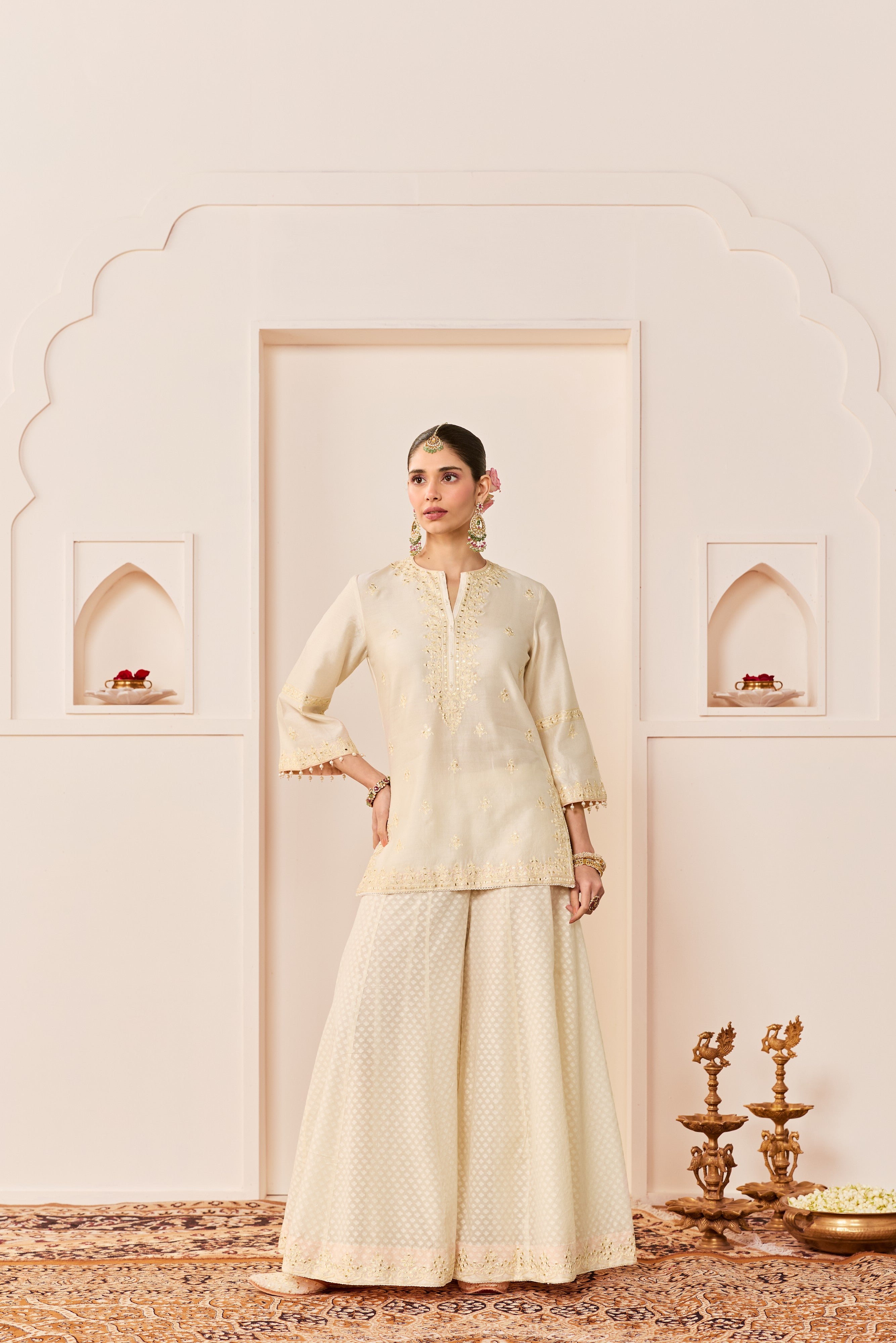 REHMA -DAISY IVORY SHORT KURTA WITH SHARARA AND DUPATTA