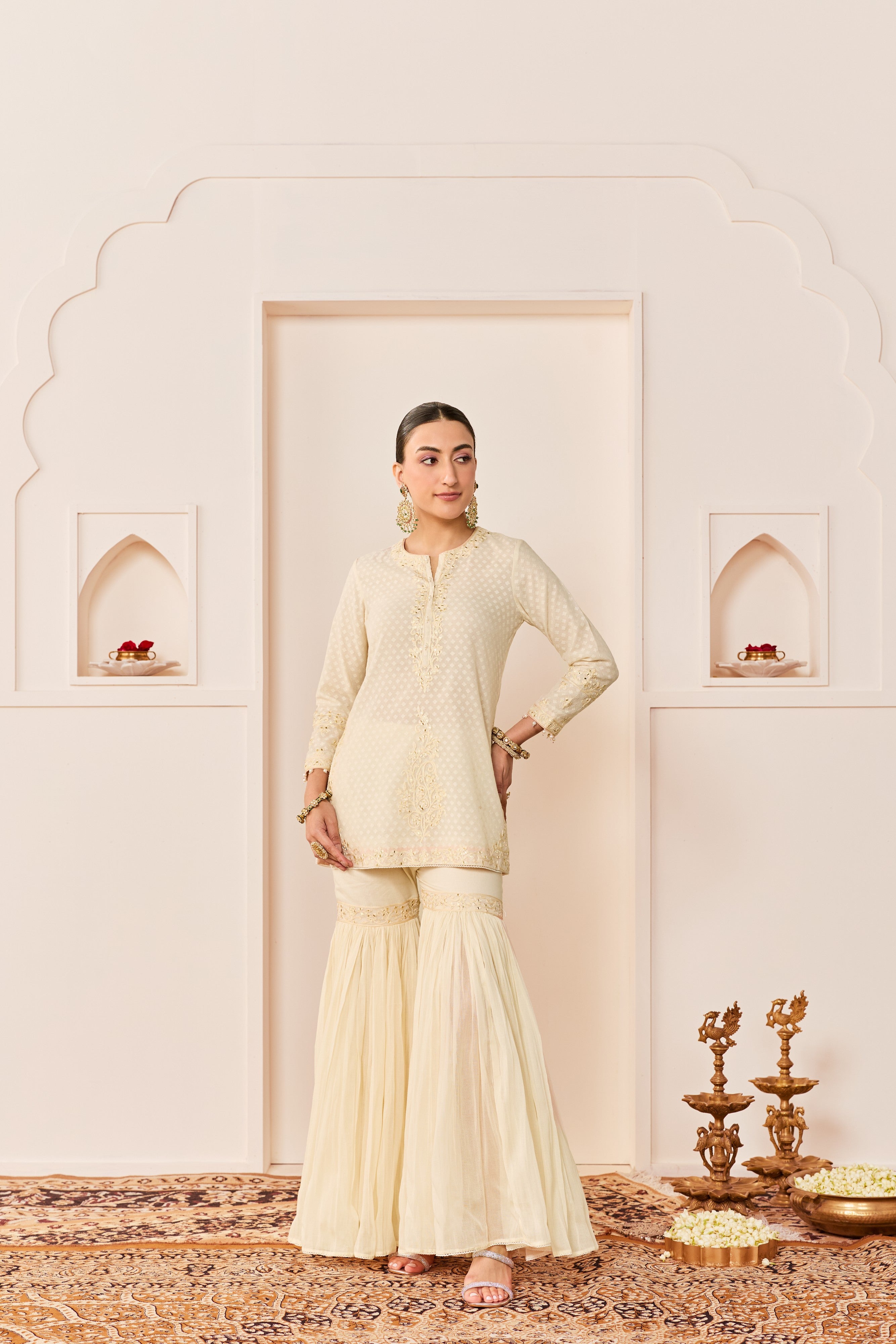 YASNEEN -DAISY IVORY SHORT KURTA WITH GARARA AND DUPATTA