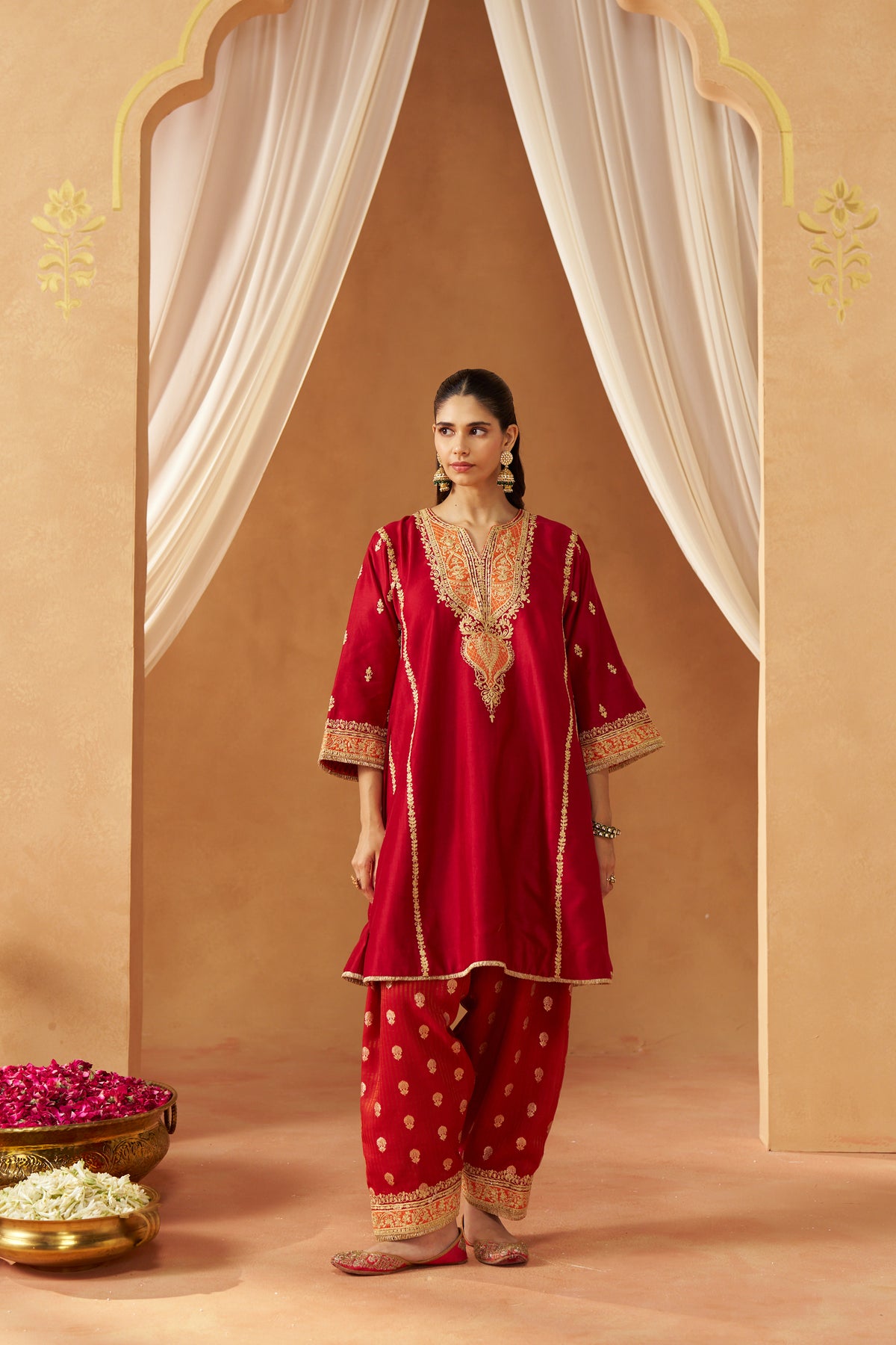 Maahgul Deep Red Kalidaar Chauga with Salwar and Dupatta