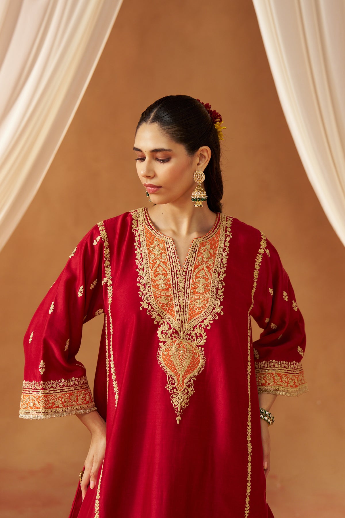 Maahgul Deep Red Kalidaar Chauga with Salwar and Dupatta