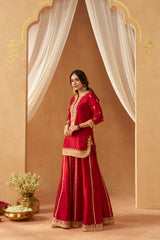 Fadiya Deep Red Kurta with Sharara and Dupatta