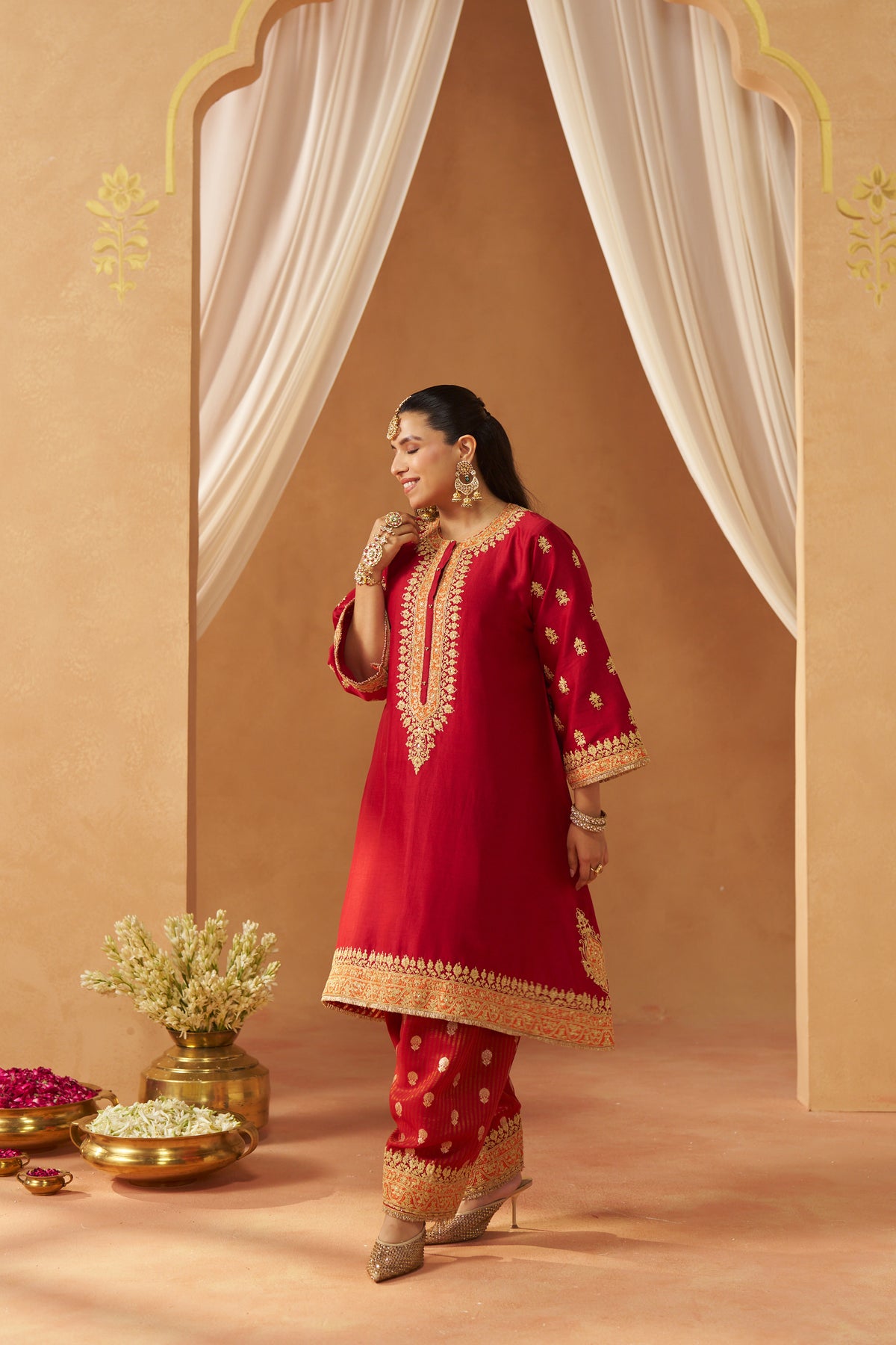 Zeenal Deep Red A-Line Kaaftan with Salwar and Dupatta