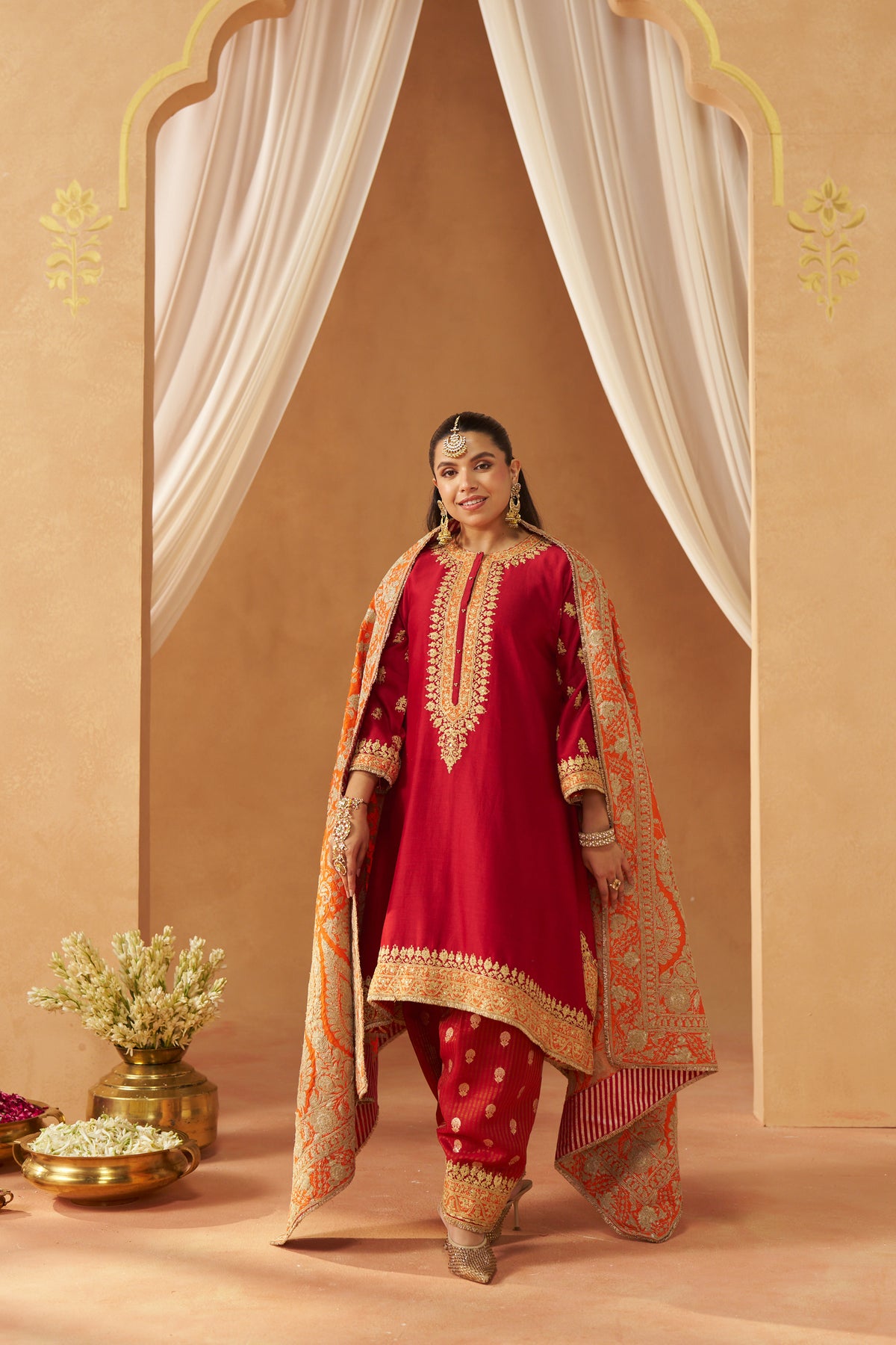 Zeenal Deep Red A-Line Kaaftan with Salwar and Dupatta