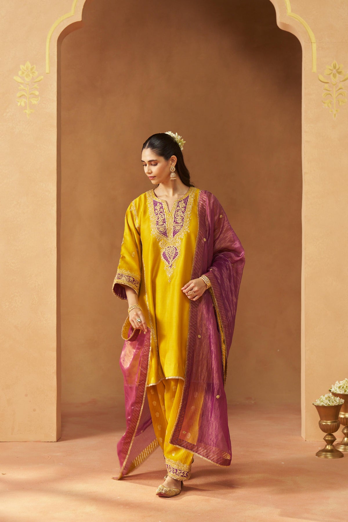 Maahgul Mustard Kalidaar Chauga with Salwar and Dupatta