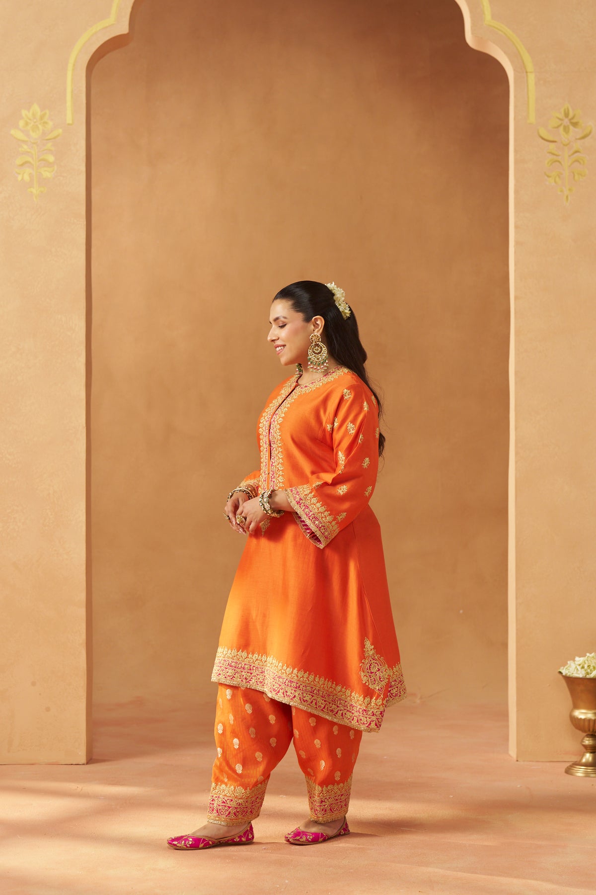 Zeenal Burnt Orange A-Line Kaaftan with Salwar and Dupatta