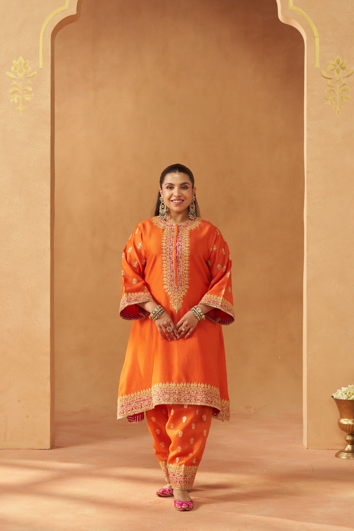 Zeenal Burnt Orange A-Line Kaaftan with Salwar and Dupatta