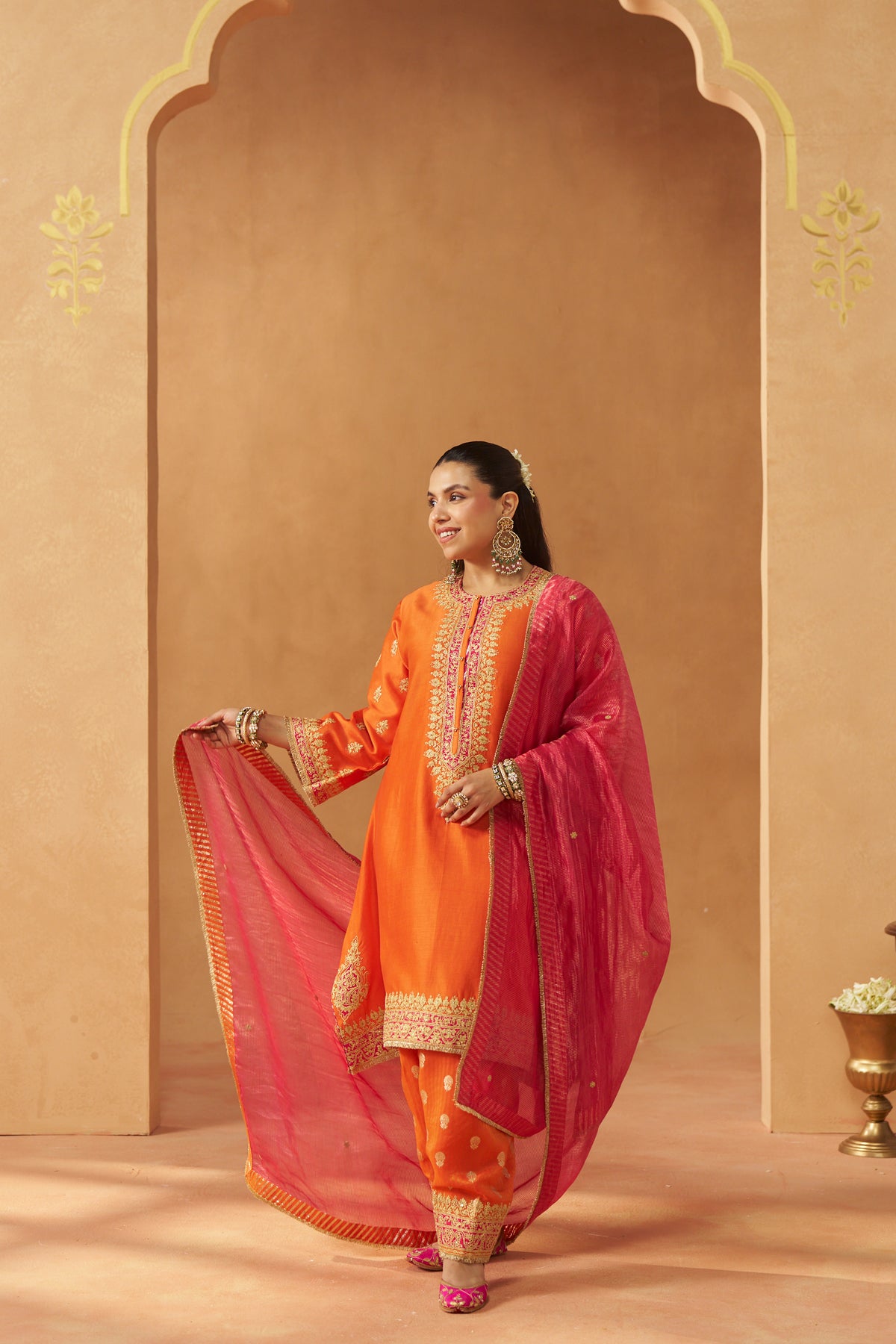 Zeenal Burnt Orange A-Line Kaaftan with Salwar and Dupatta