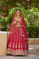 Cardinal Red Raw Silk Lehenga With Tulle Dupatta and Optional Second Dupatta