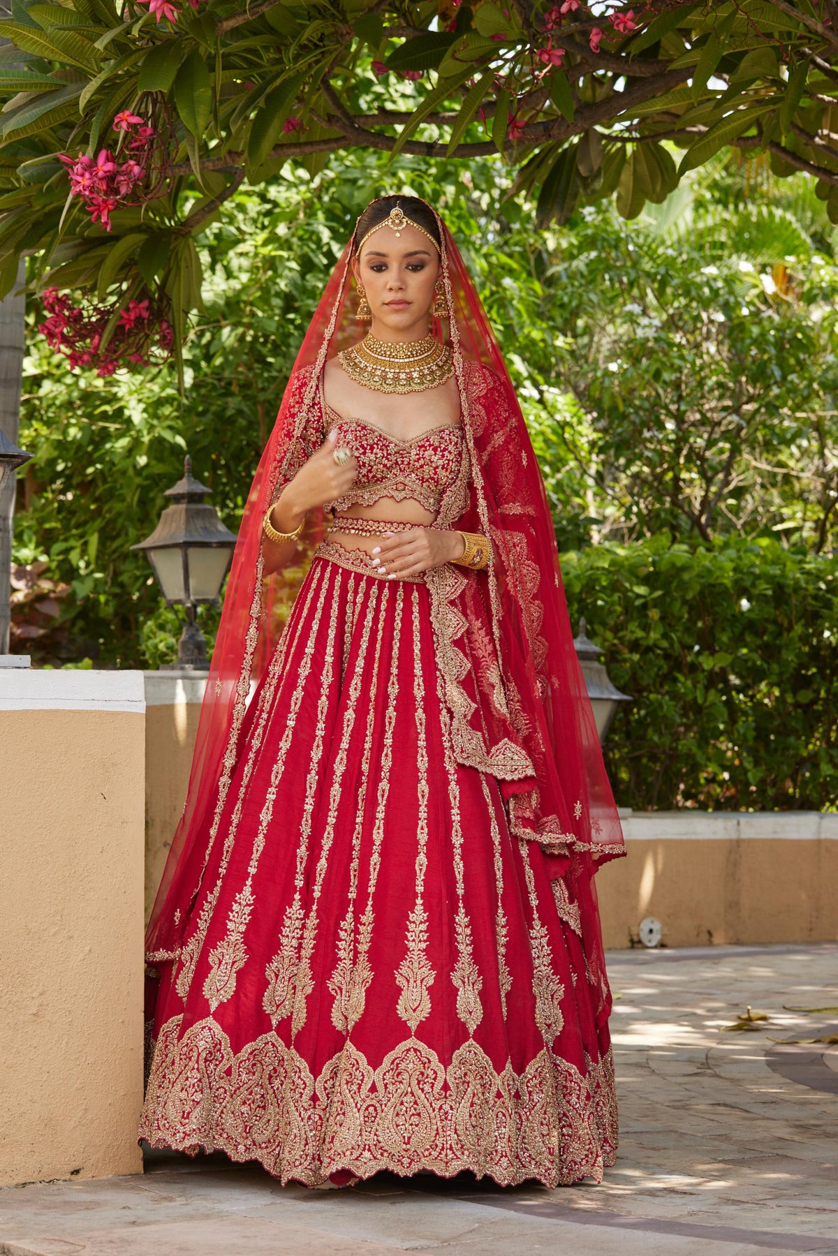 Cardinal Red Raw Silk Lehenga With Tulle Dupatta and Optional Second Dupatta