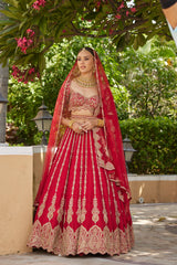 Cardinal Red Raw Silk Lehenga With Tulle Dupatta and Optional Second Dupatta