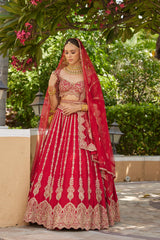 Cardinal Red Raw Silk Lehenga With Tulle Dupatta and Optional Second Dupatta