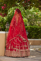 Cardinal Red Raw Silk Lehenga With Tulle Dupatta and Optional Second Dupatta