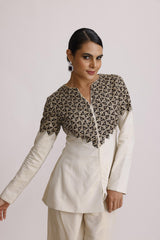 IVORY AJRAKH PATCH JACKET WITH STRAIGHT PANTS