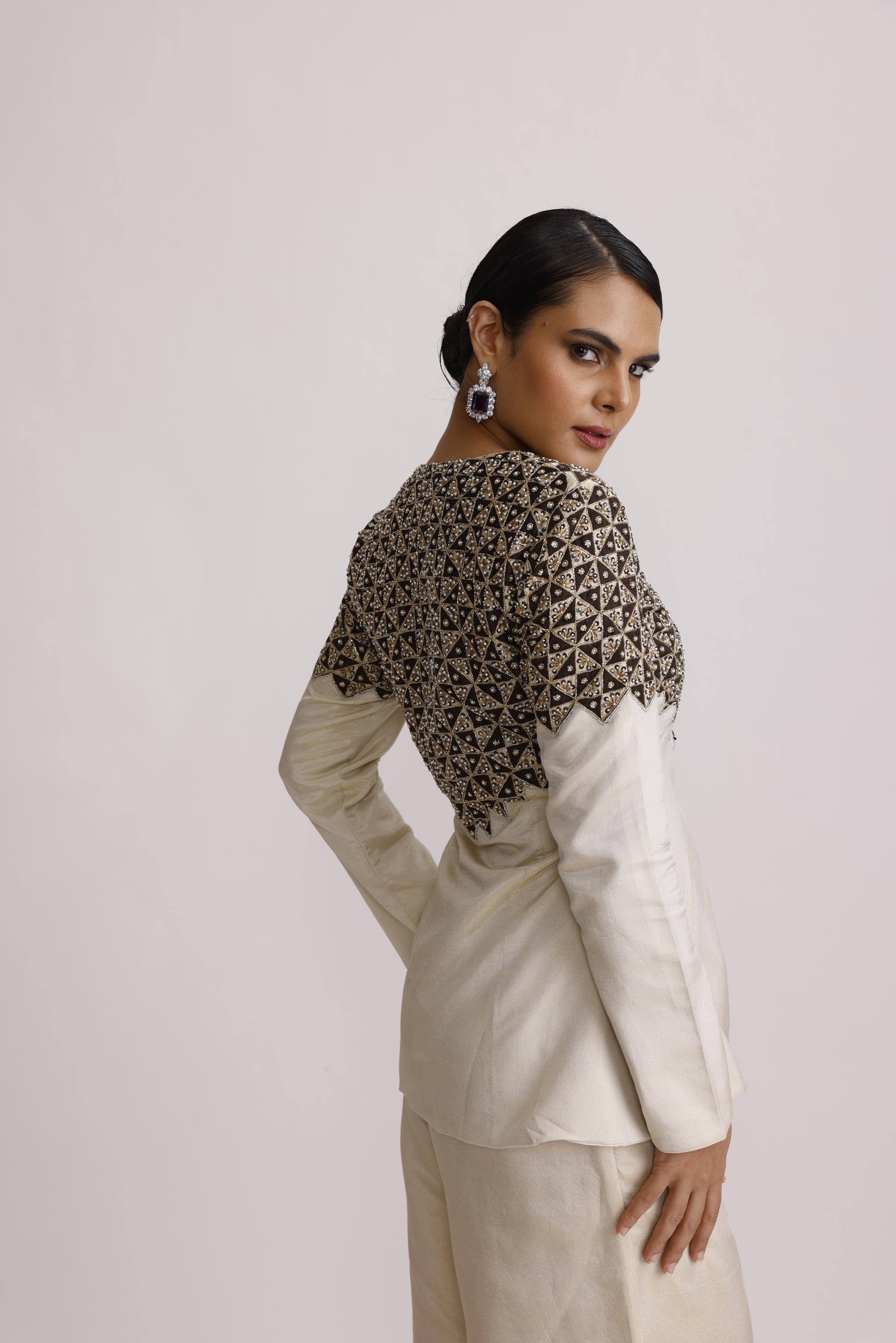 IVORY AJRAKH PATCH JACKET WITH STRAIGHT PANTS