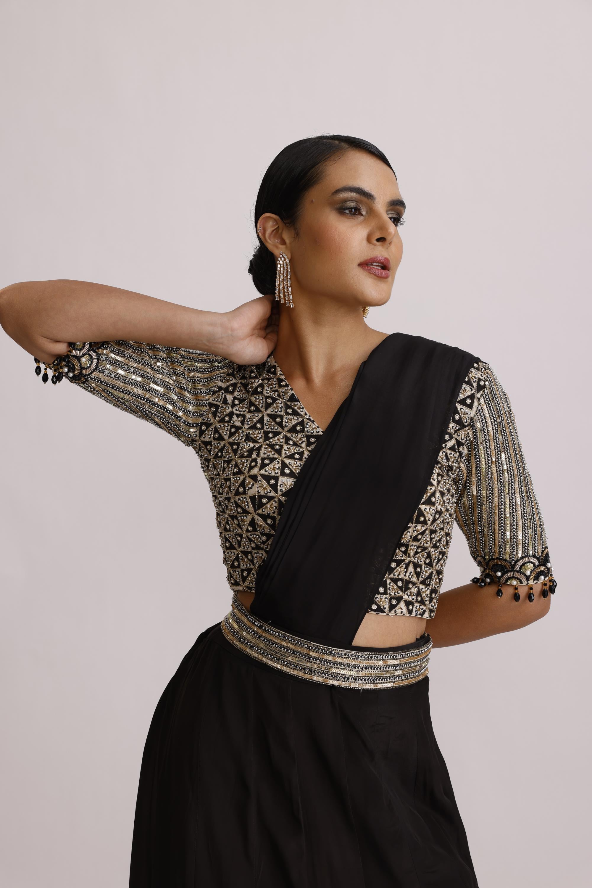 BLACK AJRAKH BLOUSE WITH ONE SIDE SLIT AND PRE DRAPE PALLU SKIRT ALONG WITH BELT