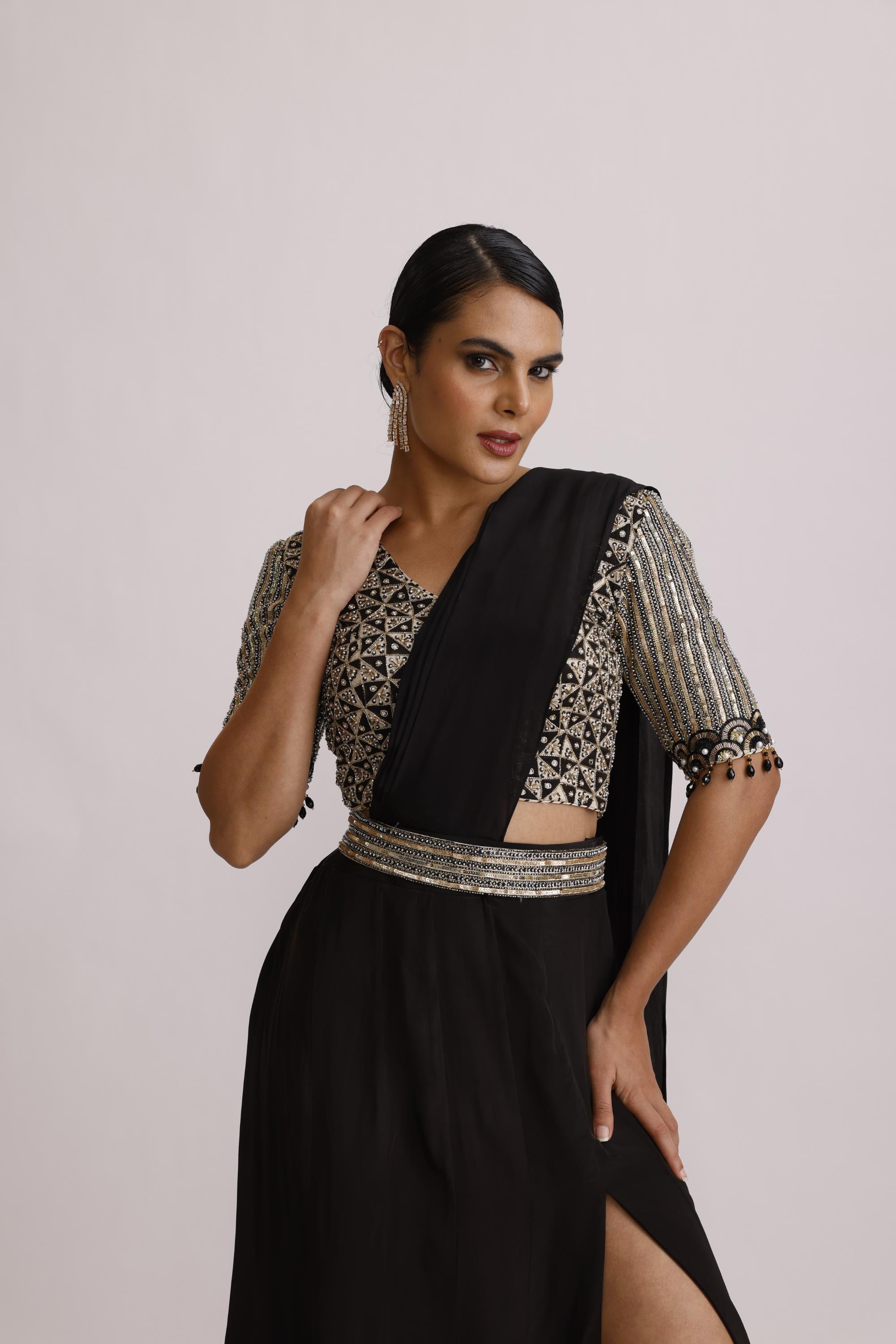 BLACK AJRAKH BLOUSE WITH ONE SIDE SLIT AND PRE DRAPE PALLU SKIRT ALONG WITH BELT