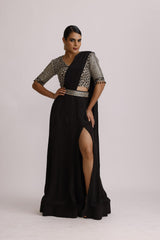 BLACK AJRAKH BLOUSE WITH ONE SIDE SLIT AND PRE DRAPE PALLU SKIRT ALONG WITH BELT