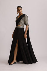 BLACK AJRAKH BLOUSE WITH ONE SIDE SLIT AND PRE DRAPE PALLU SKIRT ALONG WITH BELT
