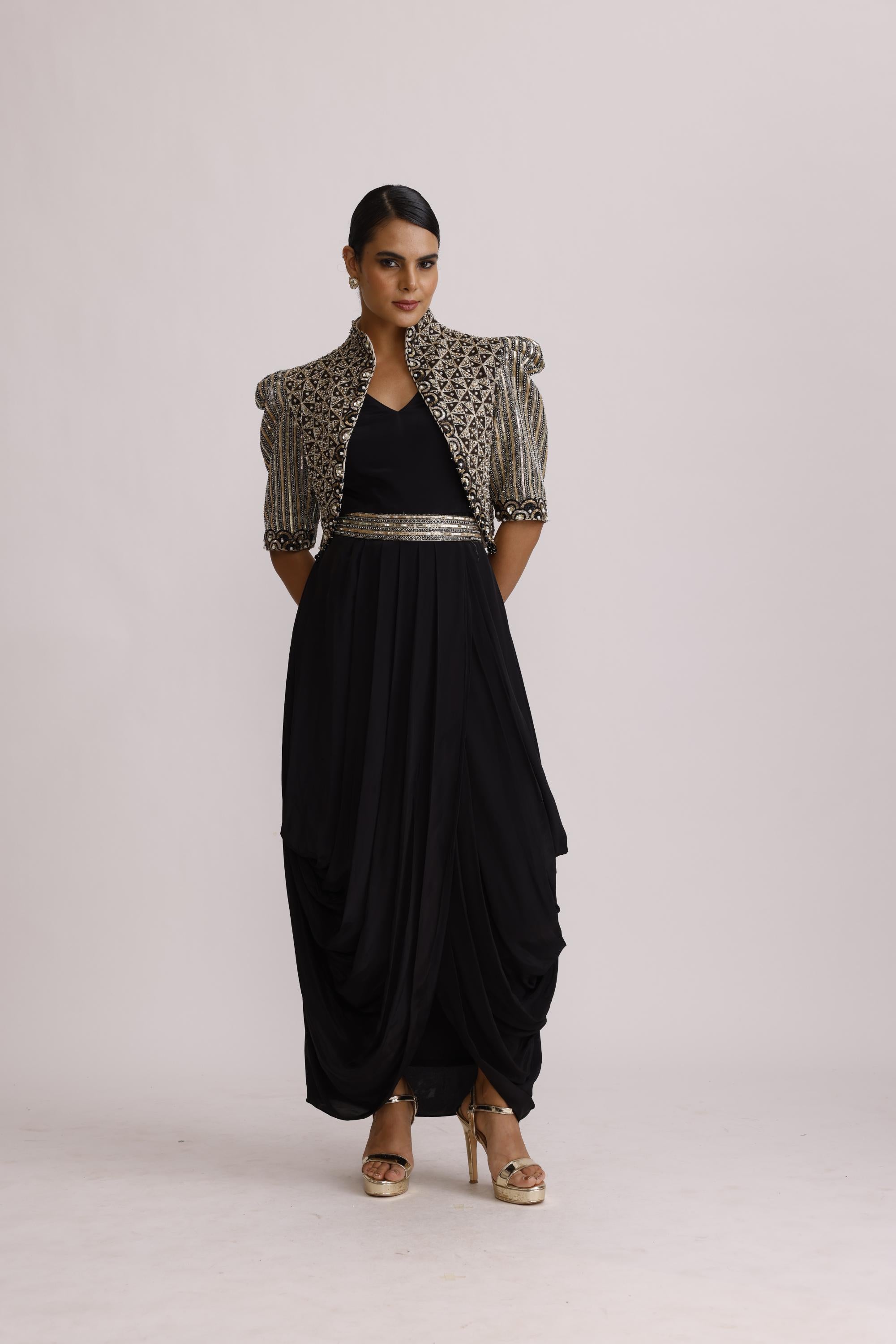 BLACK DRAPE TUNIC WITH BELT AND JACKET