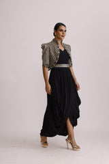 BLACK DRAPE TUNIC WITH BELT AND JACKET