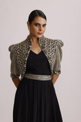 BLACK DRAPE TUNIC WITH BELT AND JACKET
