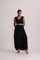 BLACK DRAPE TUNIC WITH BELT AND JACKET