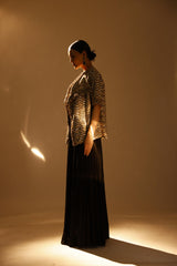 BLACK AJRAKH CORSET TOP AND JACKET WITH DRAPE SKIRT