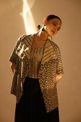 BLACK AJRAKH CORSET TOP AND JACKET WITH DRAPE SKIRT