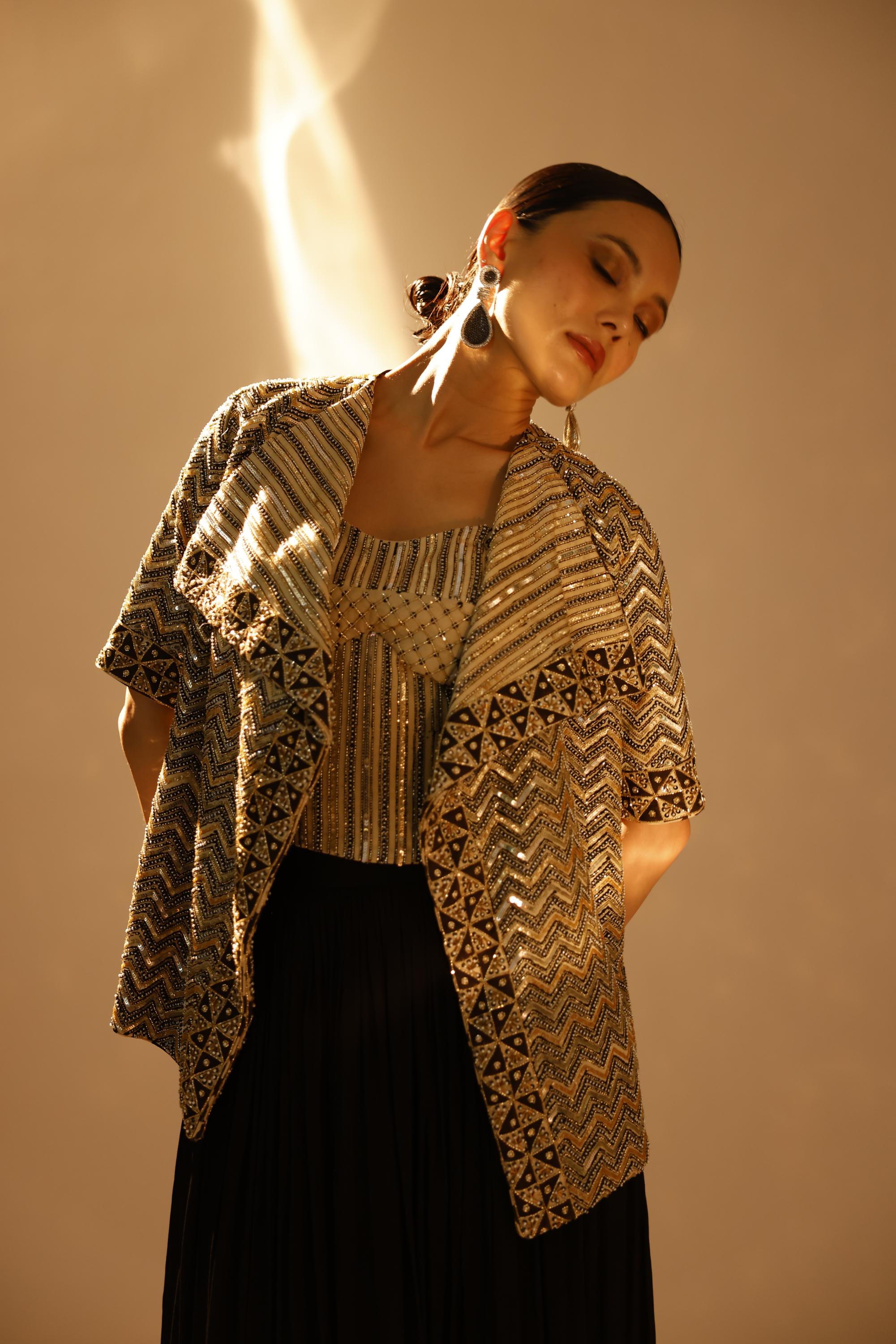 BLACK AJRAKH CORSET TOP AND JACKET WITH DRAPE SKIRT