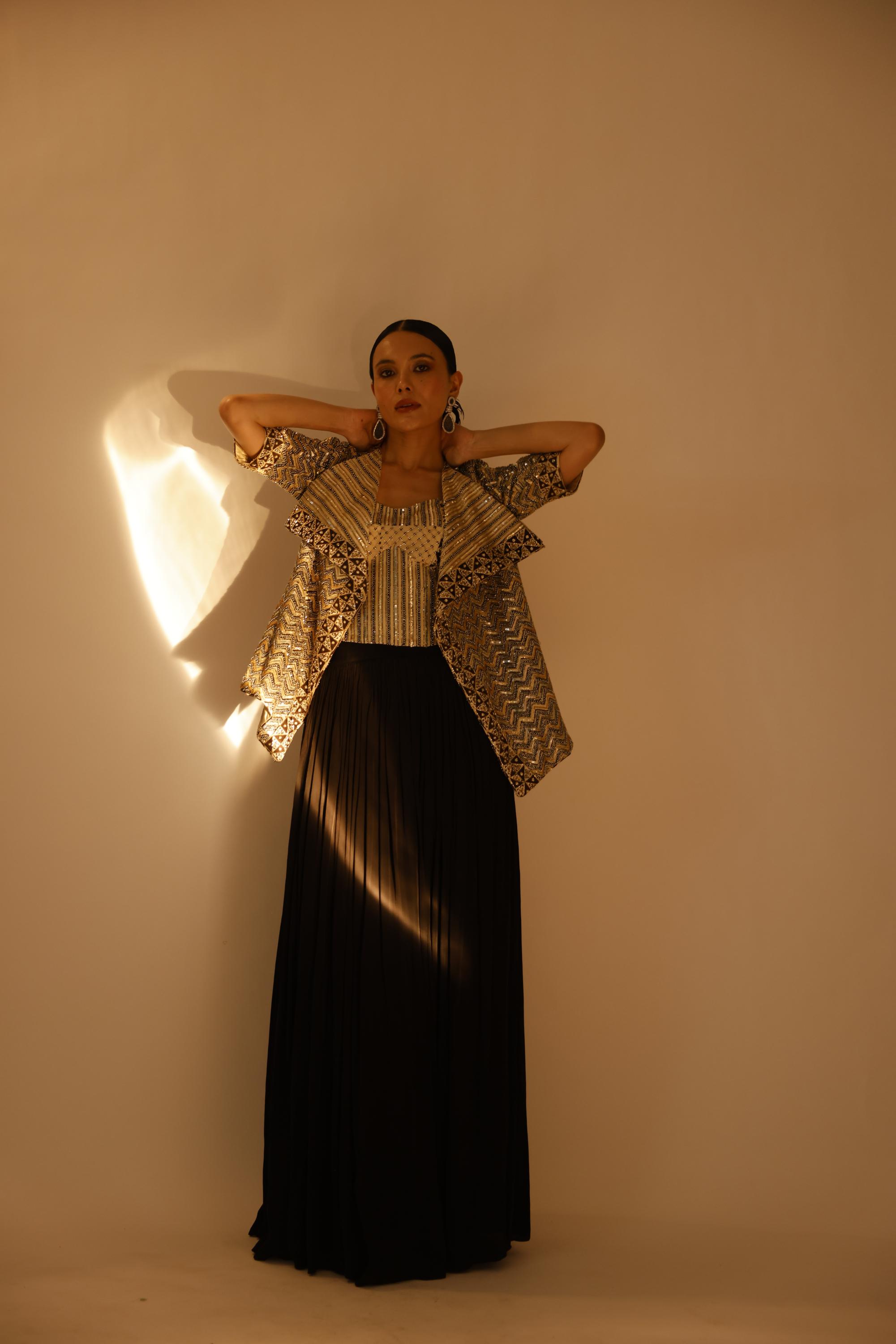 BLACK AJRAKH CORSET TOP AND JACKET WITH DRAPE SKIRT