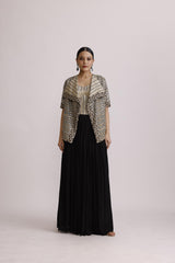BLACK AJRAKH CORSET TOP AND JACKET WITH DRAPE SKIRT