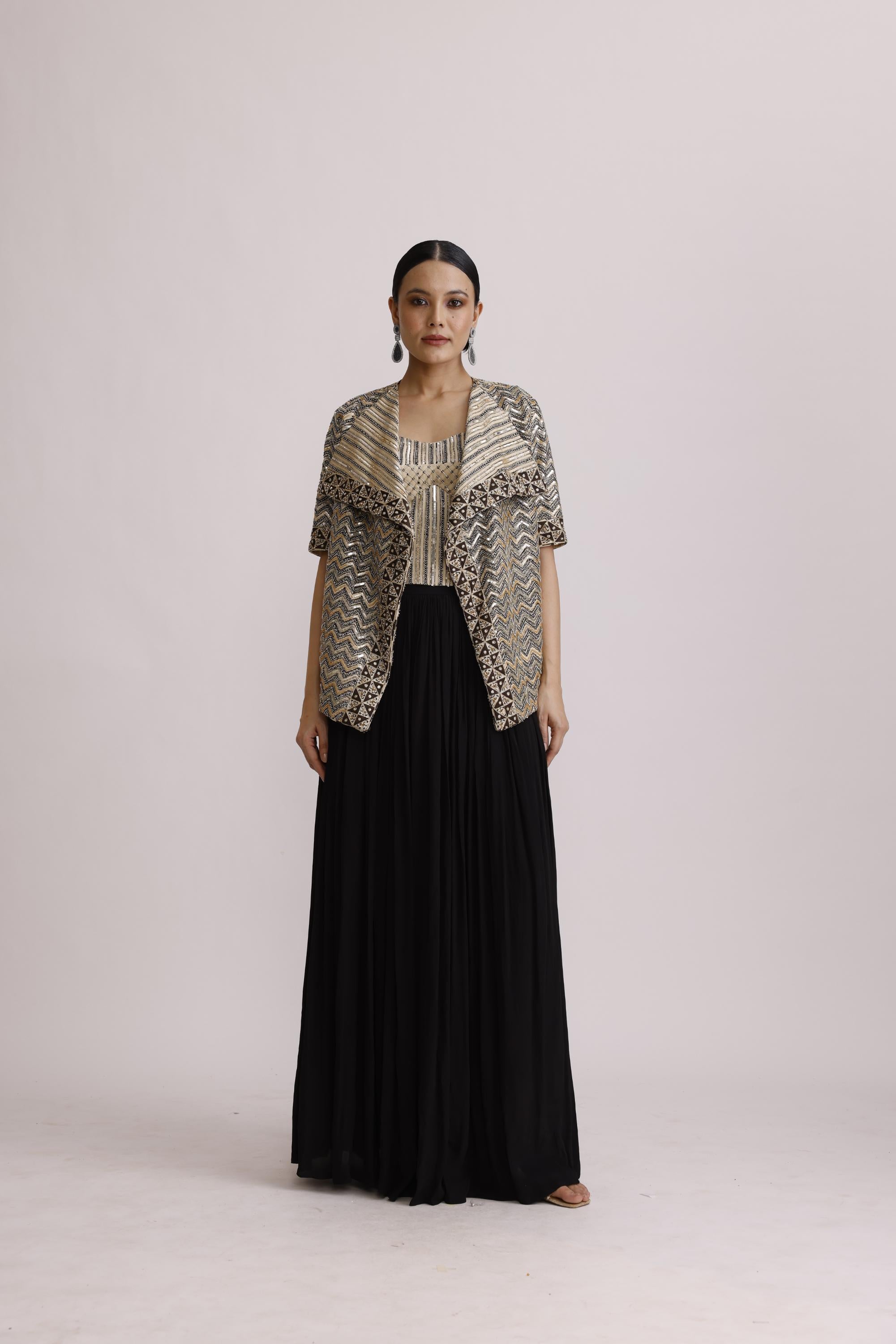 BLACK AJRAKH CORSET TOP AND JACKET WITH DRAPE SKIRT