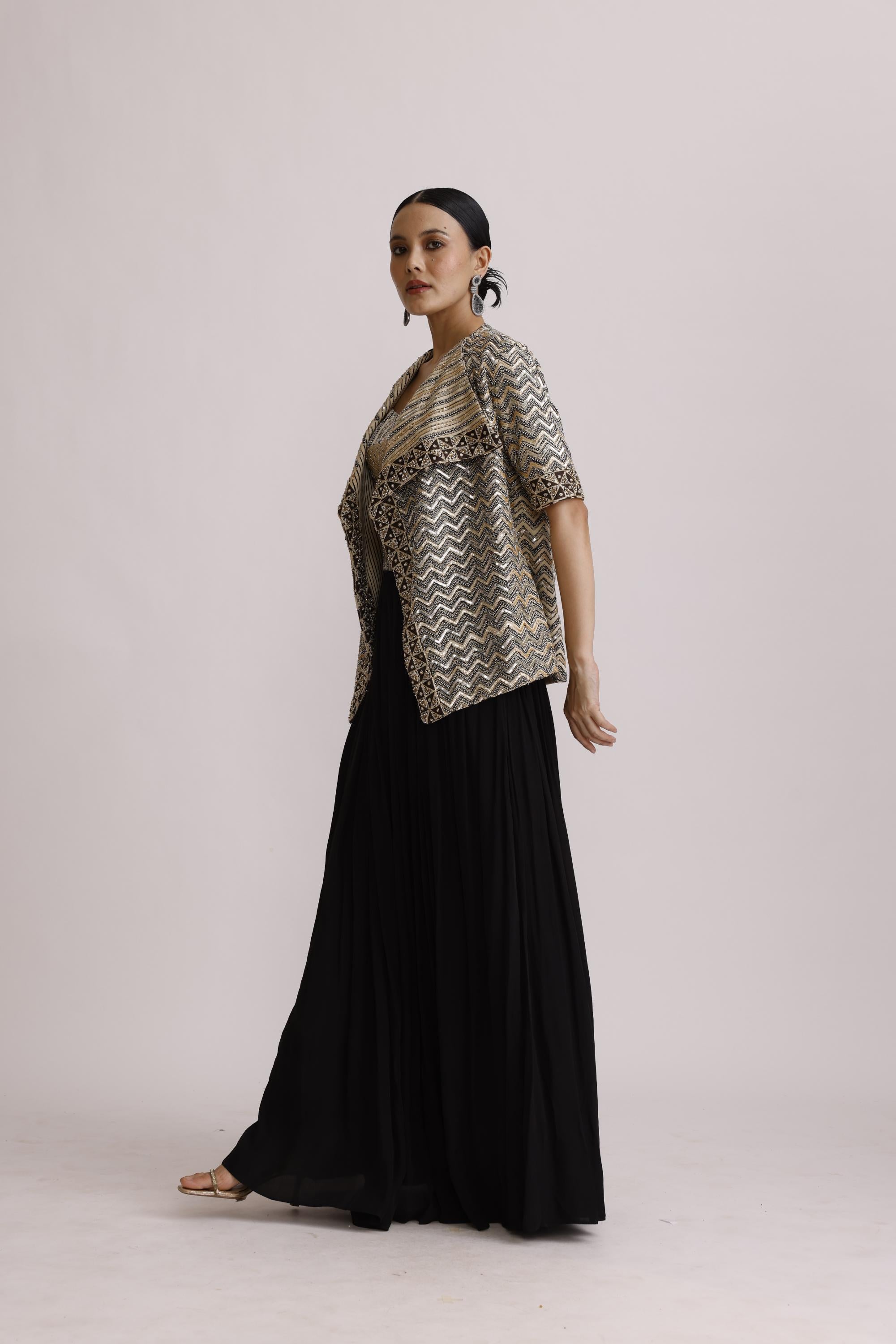 BLACK AJRAKH CORSET TOP AND JACKET WITH DRAPE SKIRT