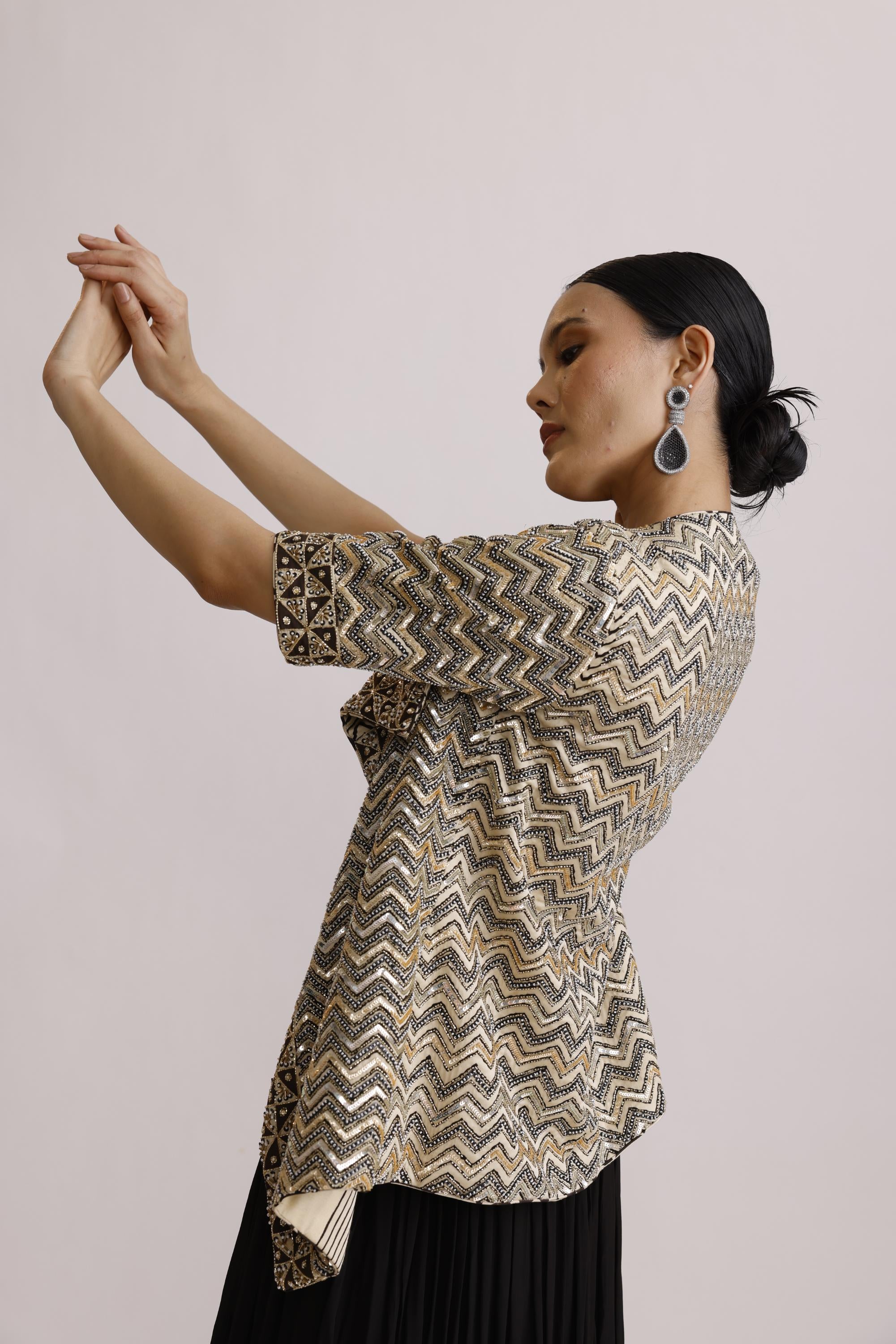 BLACK AJRAKH CORSET TOP AND JACKET WITH DRAPE SKIRT