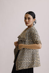 BLACK AJRAKH CORSET TOP AND JACKET WITH DRAPE SKIRT