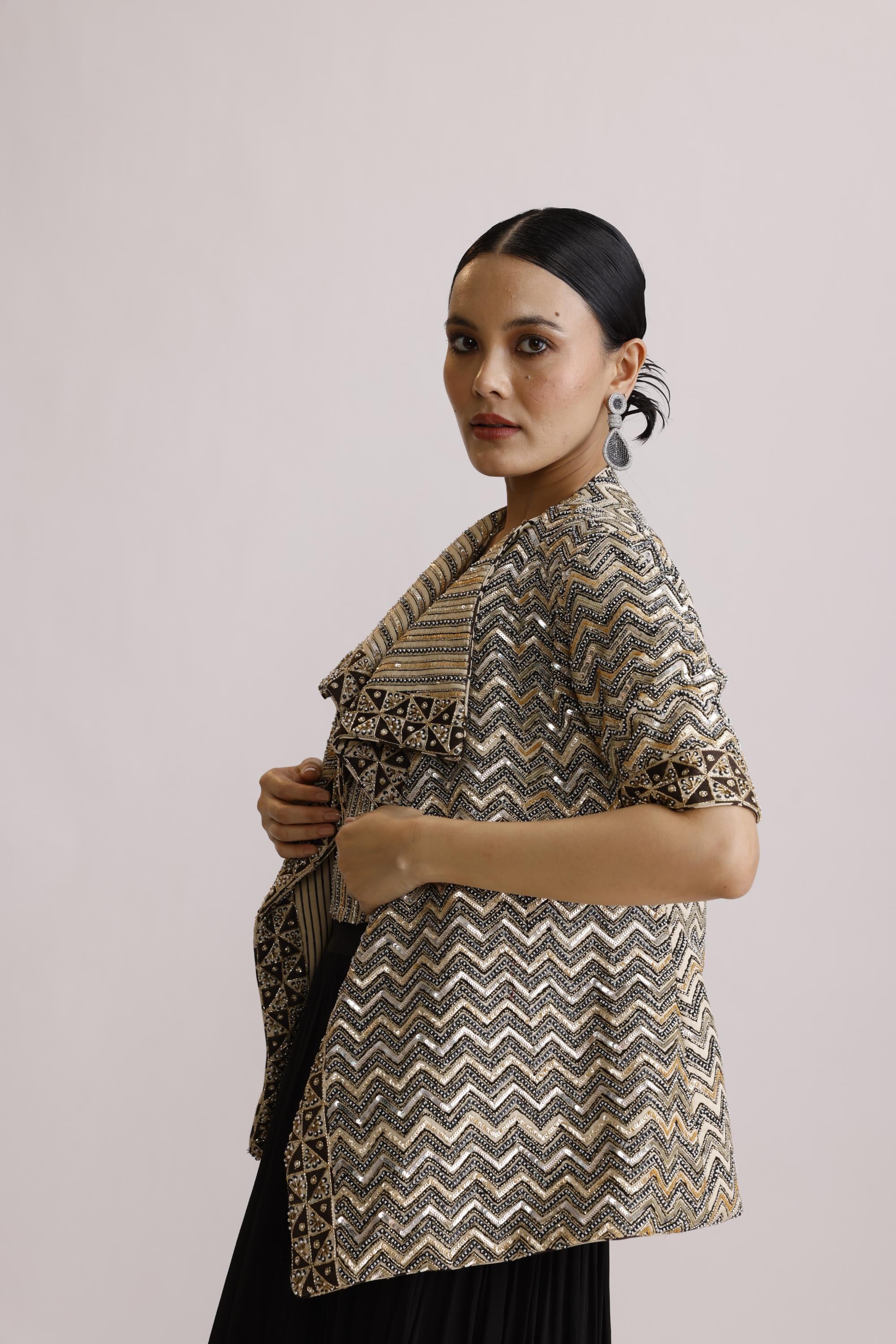 BLACK AJRAKH CORSET TOP AND JACKET WITH DRAPE SKIRT