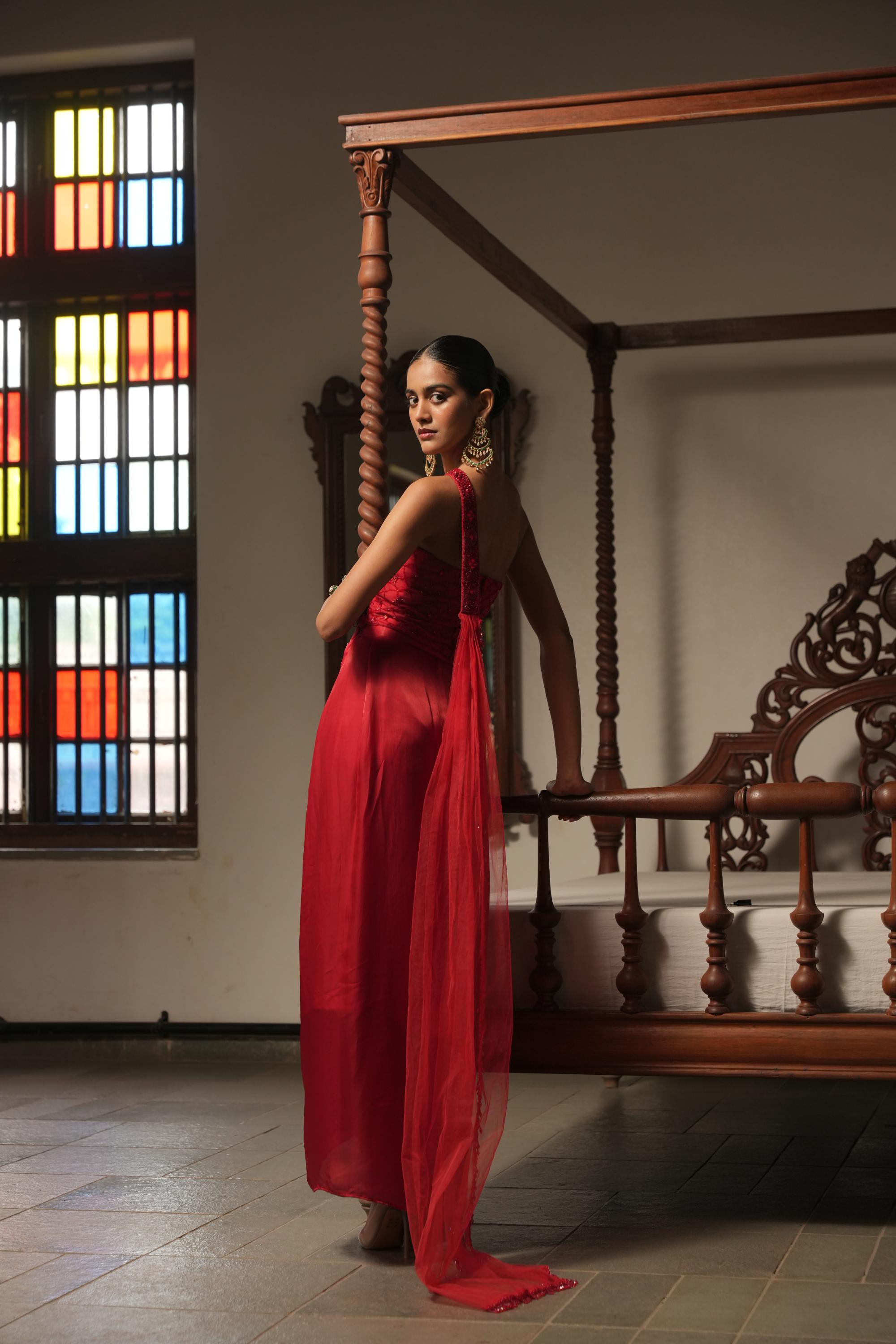 Red Mirage Draped Corset Set