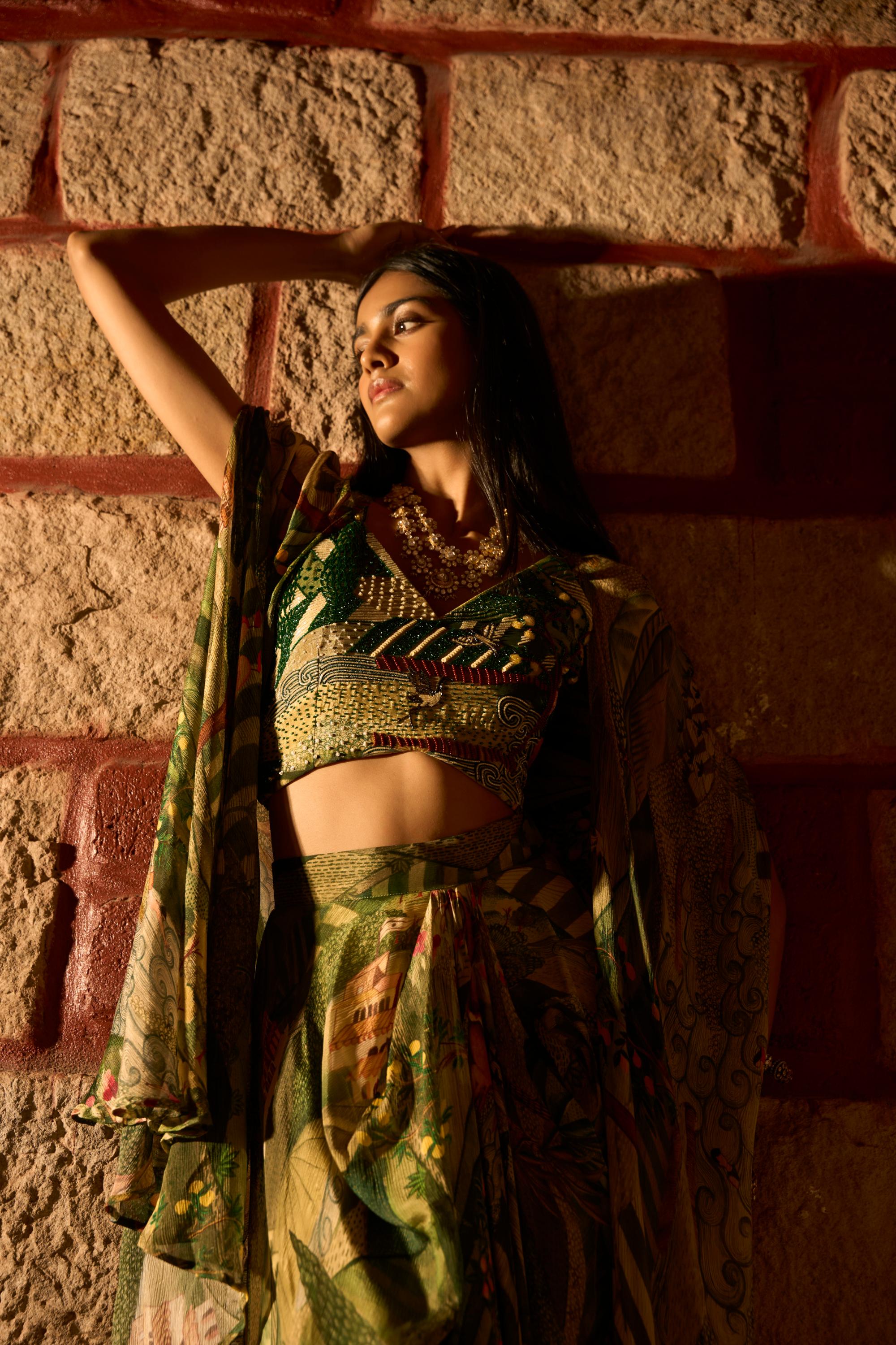 Enchanted Canopy – Jungle Print Cowl Skirt Set with Handwork Blouse and Shrug