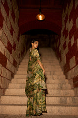 Enchanted Canopy – Jungle Print Cowl Skirt Set with Handwork Blouse and Shrug