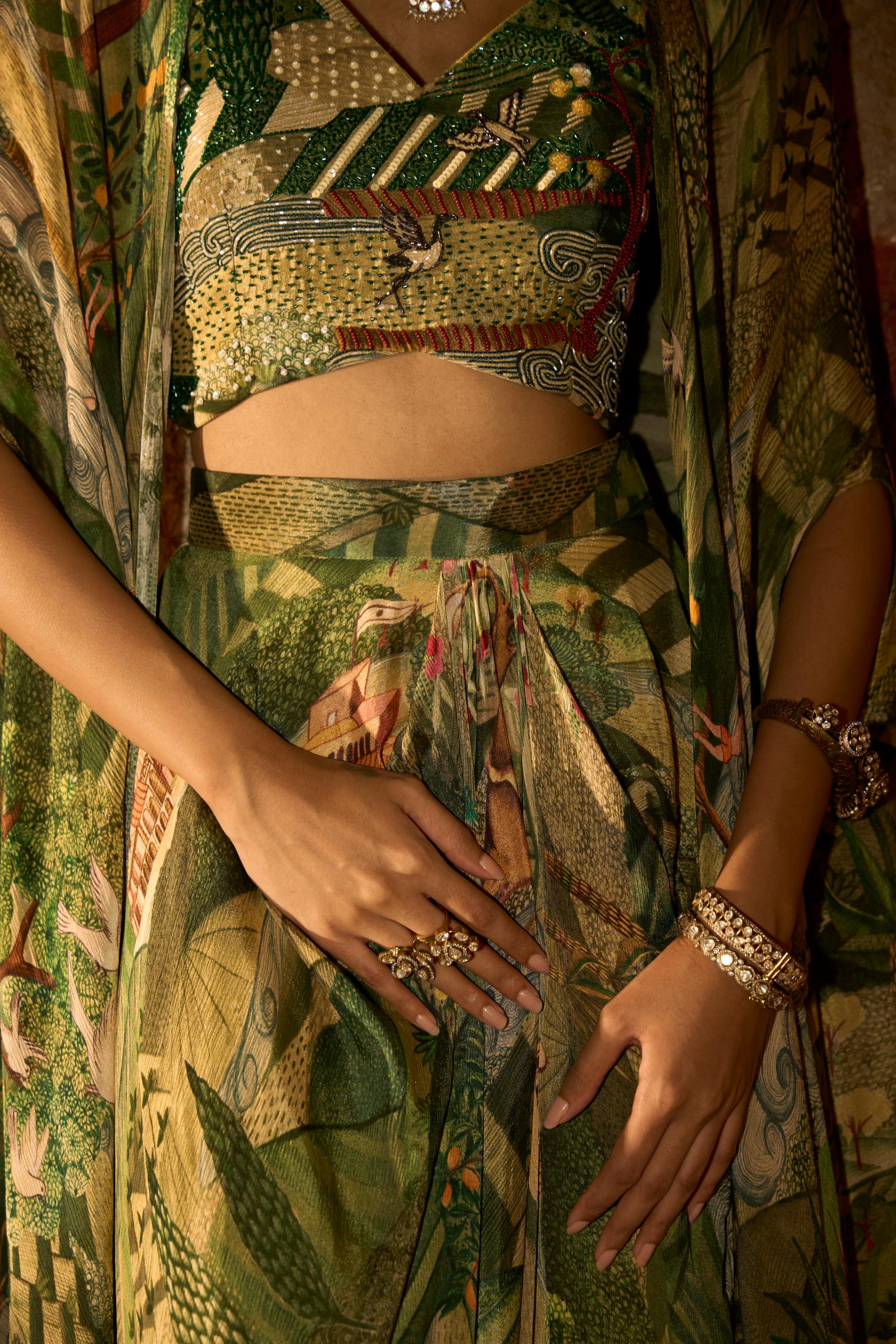 Enchanted Canopy – Jungle Print Cowl Skirt Set with Handwork Blouse and Shrug