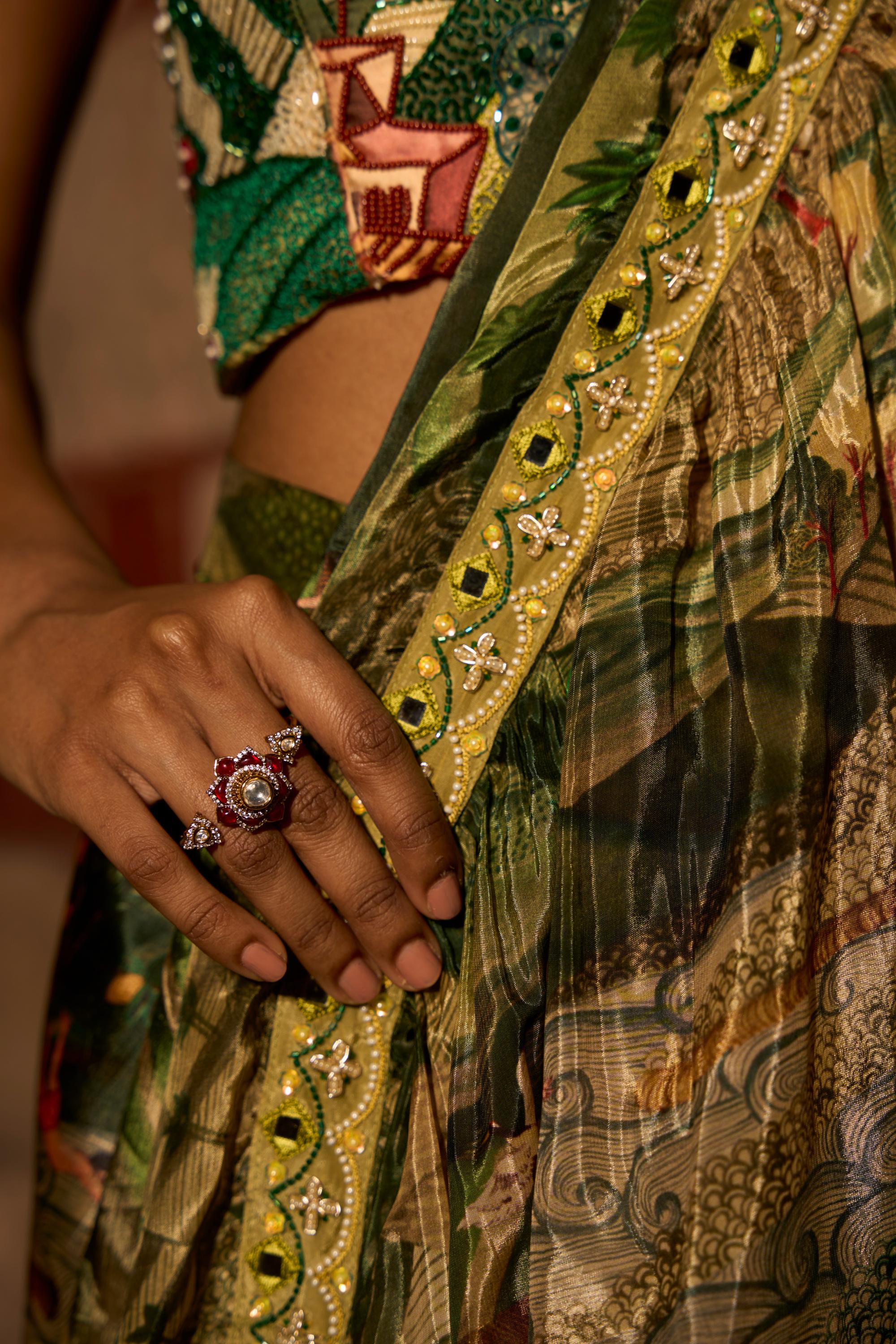 Jungle Print Ruffle Saree with Handwork Blouse