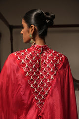 Crimson Asymmetric Cape with Handwork, Satin Blouse & Pants