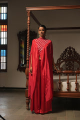 Crimson Asymmetric Cape with Handwork, Satin Blouse & Pants