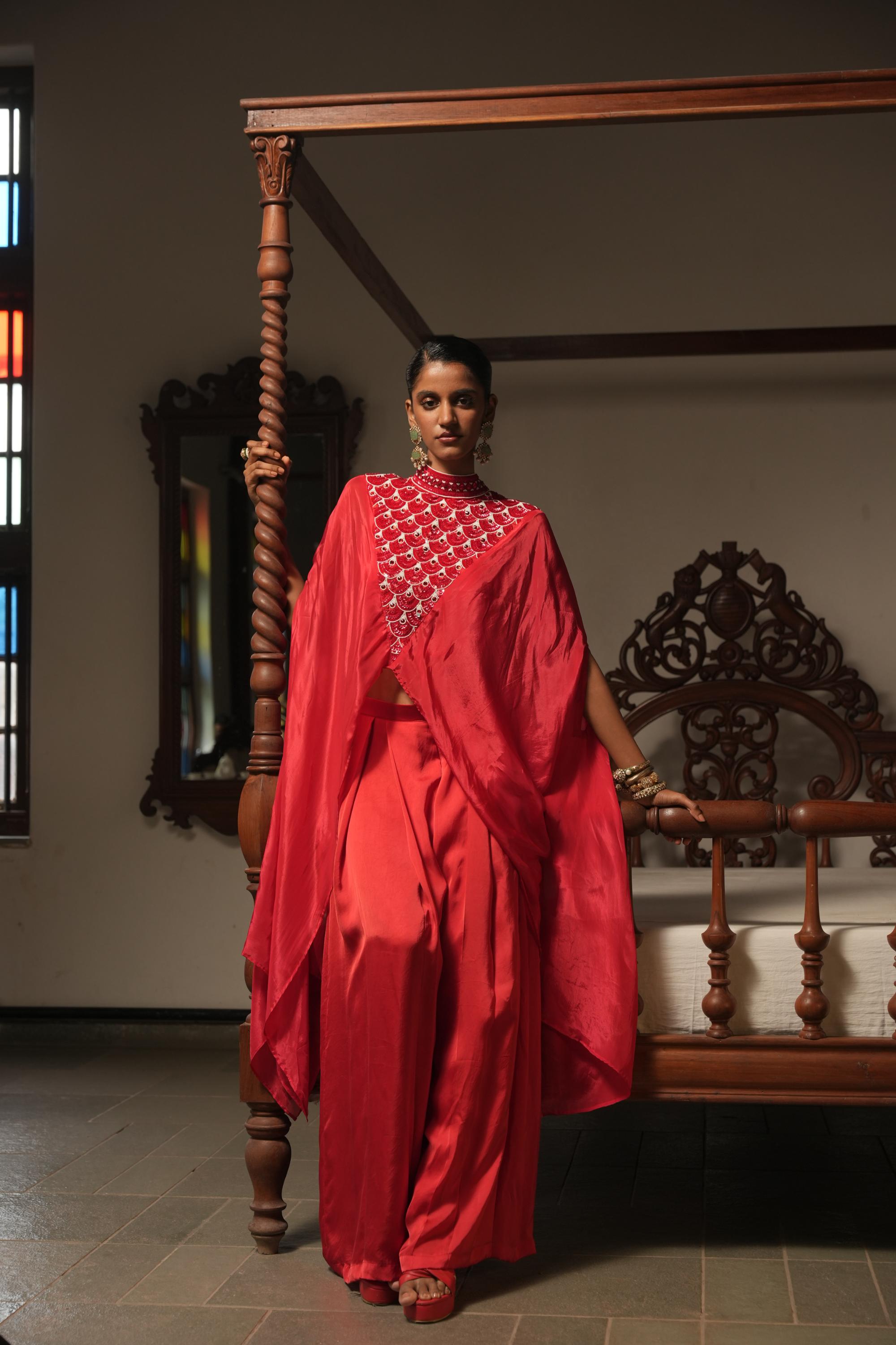 Crimson Asymmetric Cape with Handwork, Satin Blouse & Pants