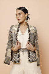 IVORY JUMPSUIT WITH BELT AND CAPE JACKET