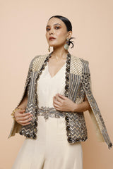 IVORY JUMPSUIT WITH BELT AND CAPE JACKET