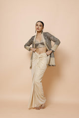 IVORY BRALETTE PAIRED WITH JACKET AND DRAPE SKIRT
