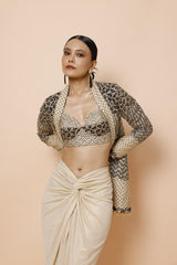 IVORY BRALETTE PAIRED WITH JACKET AND DRAPE SKIRT