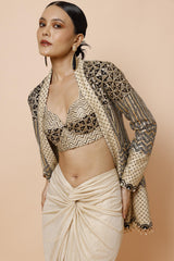 IVORY BRALETTE PAIRED WITH JACKET AND DRAPE SKIRT