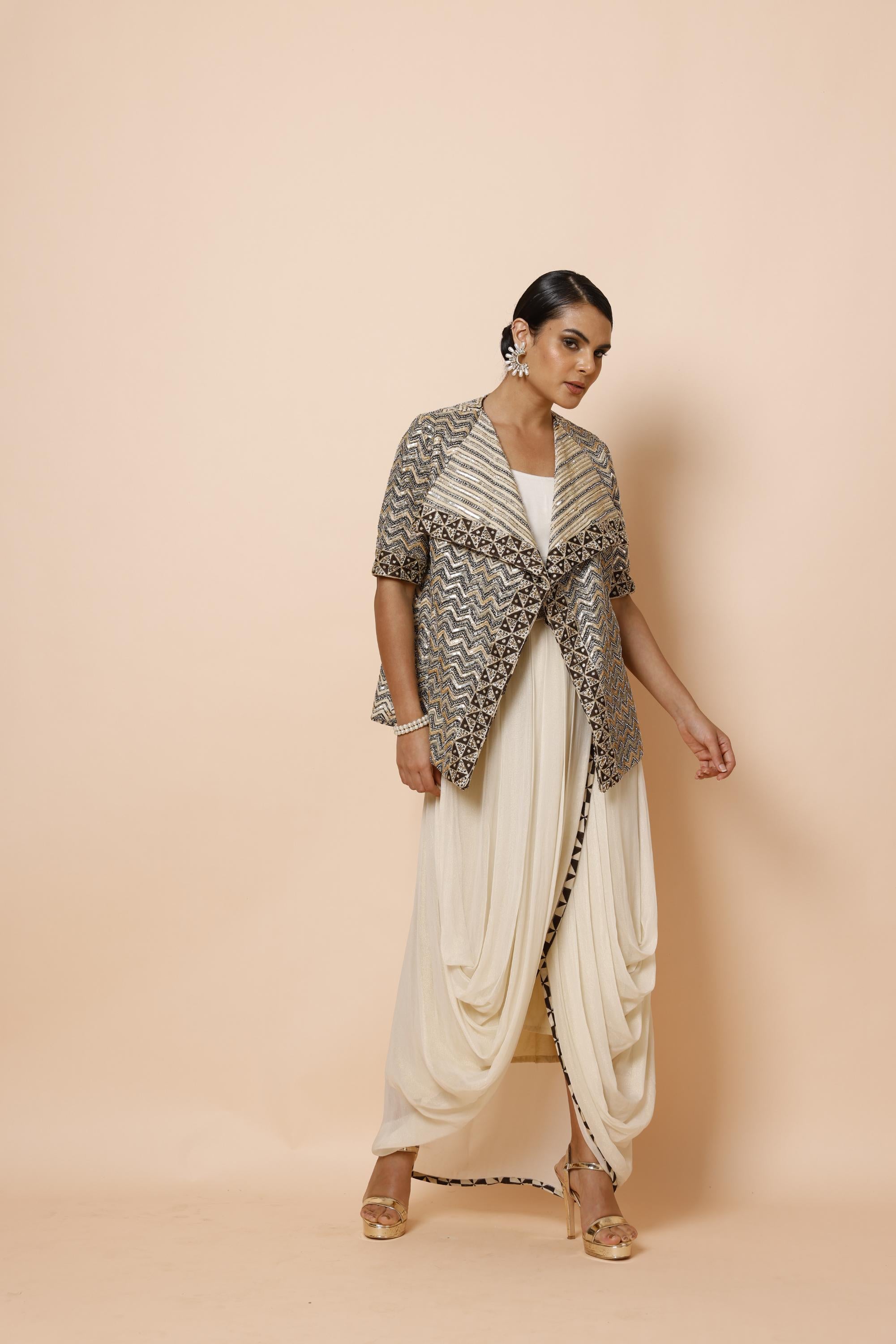IVORY COWL DRAPE ONE PIECE WITH AJRAKH JACKET AND BELT